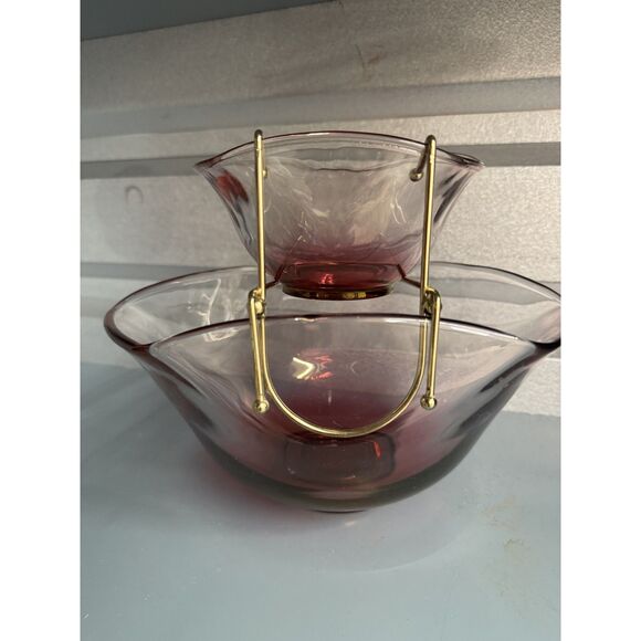 Vintage Indiana Glass Cranberry Chip & Dip Bowl Set w/ Metal Bracket Mid Century - Picture 3 of 11